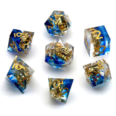 Gold Ring in Blue & Clear Filled Sharp Resin - 7pcs RPG Dice Set